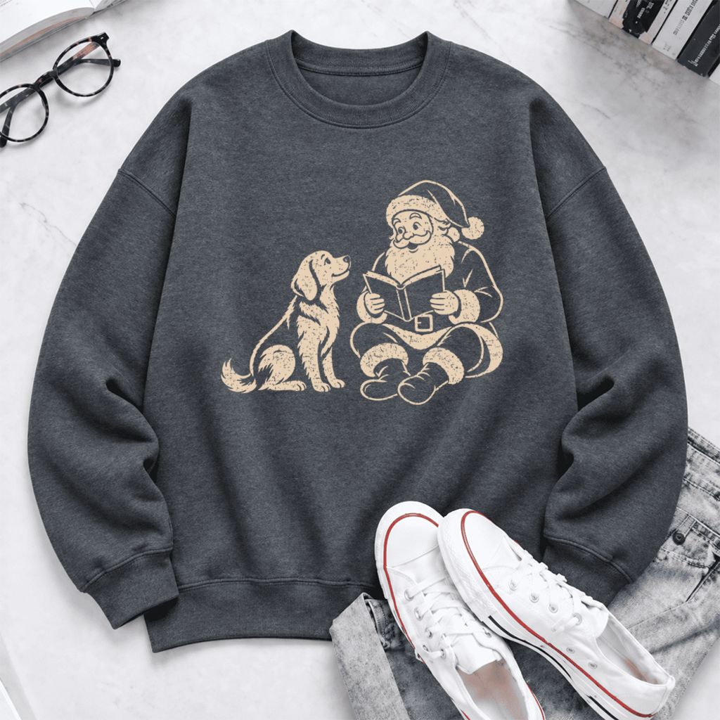 Funny Dog With Reading Santa Softstyle Sweatshirt | Christmas Book Lover Gift Dark Heather