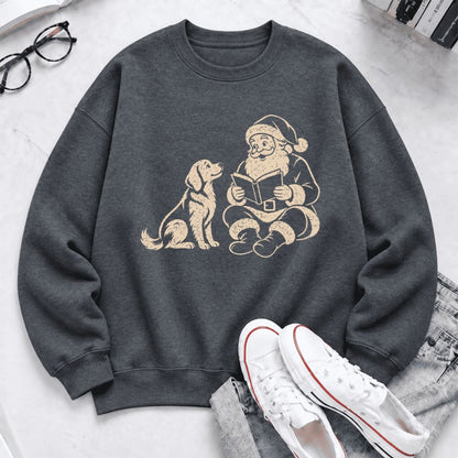 Funny Dog With Reading Santa Softstyle Sweatshirt | Christmas Book Lover Gift Dark Heather