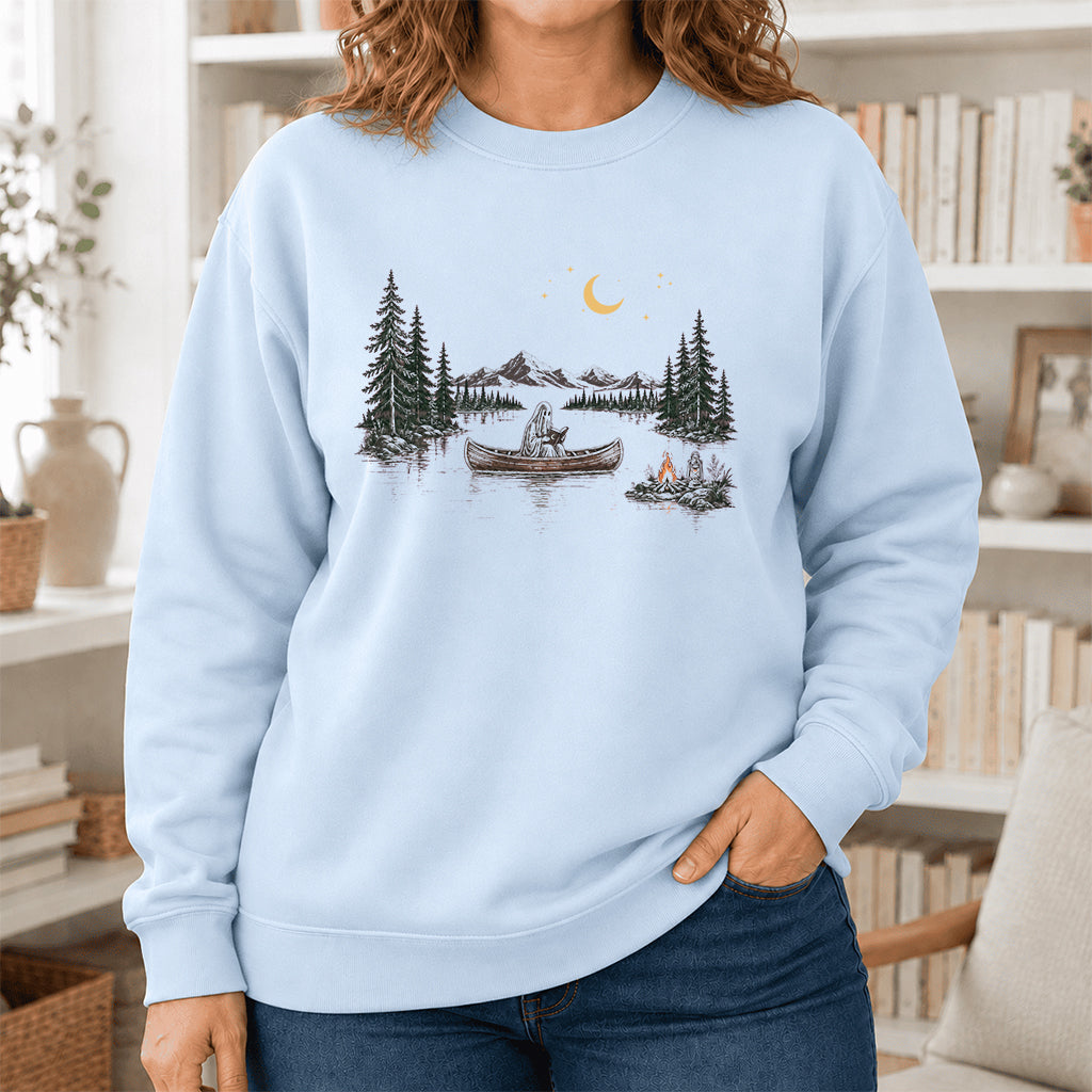 Reading Ghost On The Boat Printed Sweatshirt | Halloween Reader Gift Light Blue