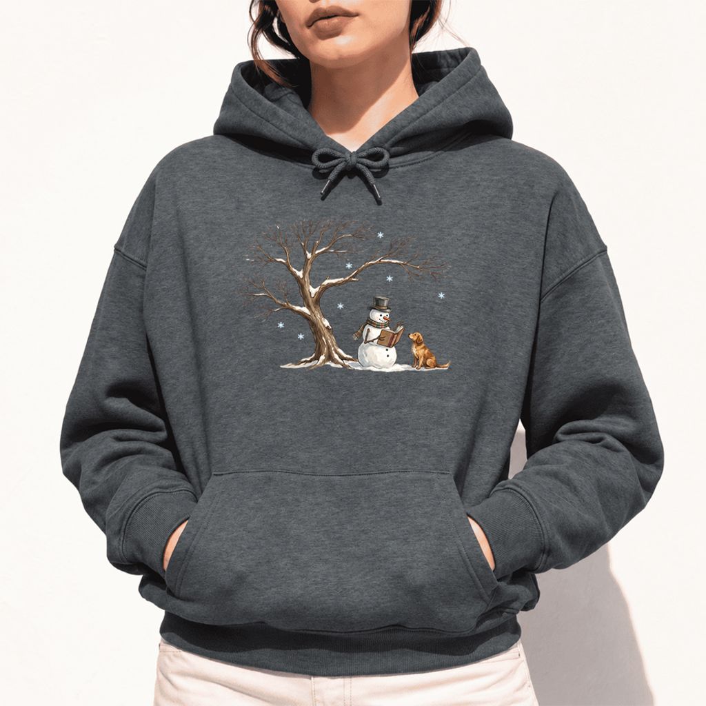 Golden Retriever And Snowman Under Tree Softstyle Hoodie | Christmas Reader Gift Dark Heather