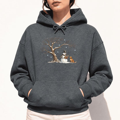 Golden Retriever And Snowman Under Tree Softstyle Hoodie | Christmas Reader Gift Dark Heather