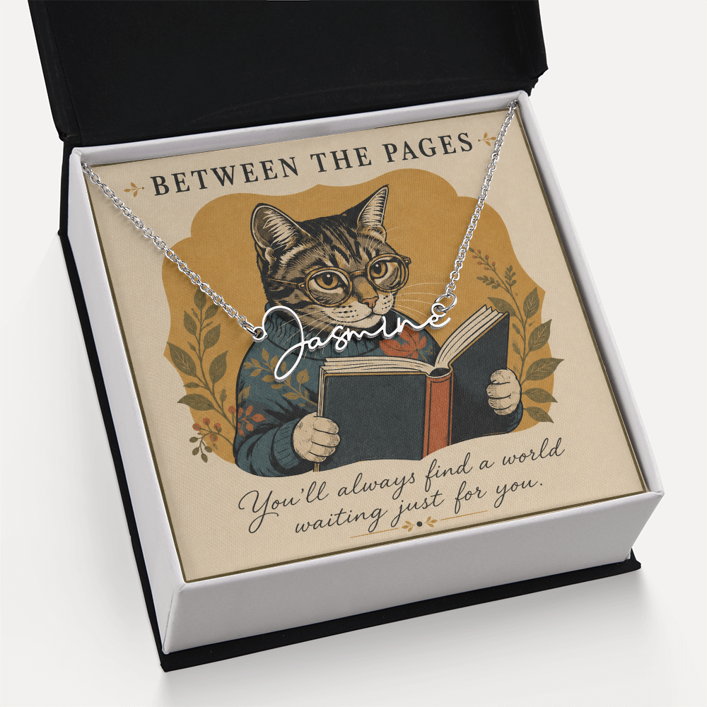 Cat Reading Between The Pages Decorative Card And Custom Name Polished Stainless Steel Necklace With Box Book Lover Gift Font 2