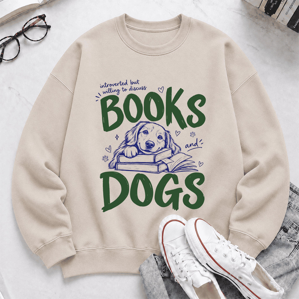 Introverted But Willing To Discuss Books And Dogs Crewneck Sweatshirt | Dog Lover & Reader Gift Sand