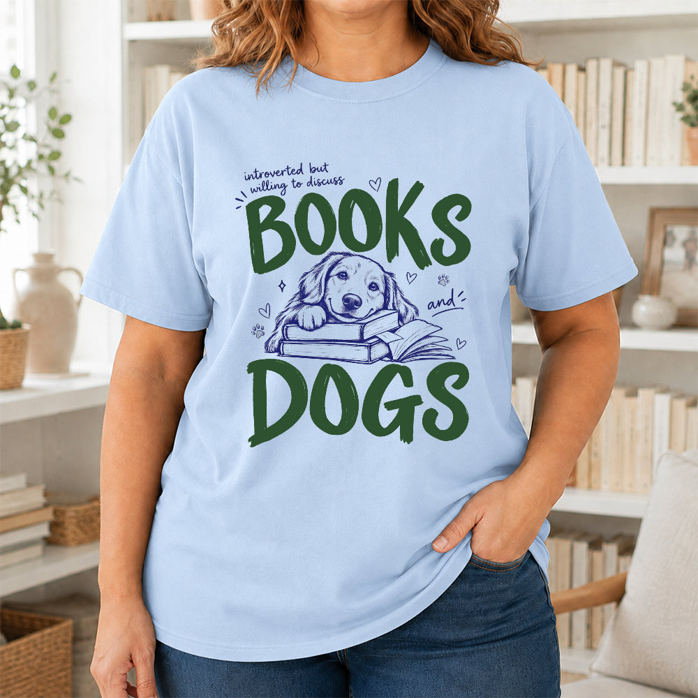 Introverted But Willing To Discuss Books And Dogs Cotton T-Shirt | Dogs Lover & Reader Gift Light Blue