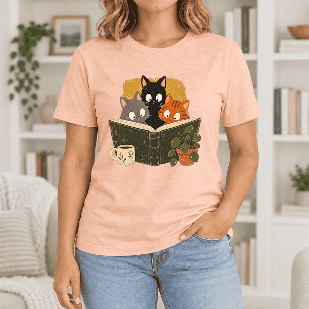 Curious Reading Cats Ultra-Soft Cotton T-Shirt | Cat Lover Reader Gift Heather Peach