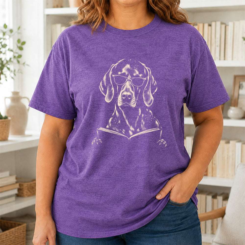 German Shorthaired Pointer Reading Book Softstyle T-Shirt | Book Lover Gift Heather Purple