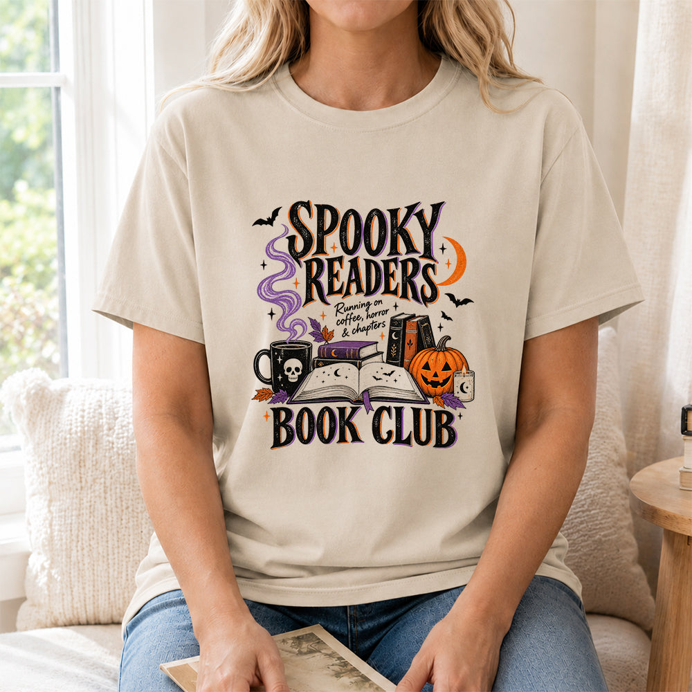 Spooky Readers Book Club Printed T-Shirt | Halloween Book Lover Gift Sand