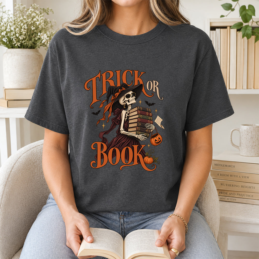 Trick Or Book Lady Printed T-Shirt | Halloween Book Lover Gift Dark Heather