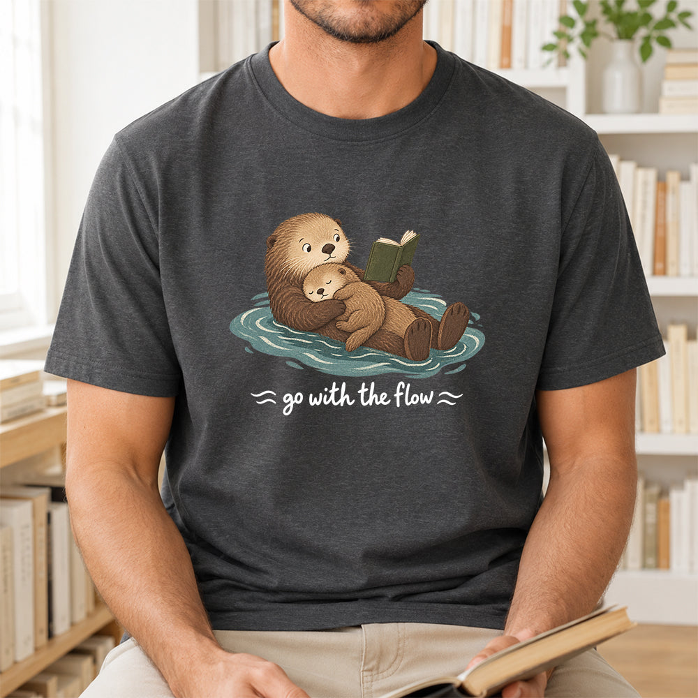 Go With The Flow Otter Reading Softstyle T-Shirt | Book Lover Gift Dark Heather