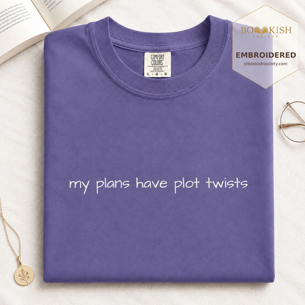 Embroidered My Plans Have Plot Twists Comfort Color® T-shirt Book Lover Gift Grape