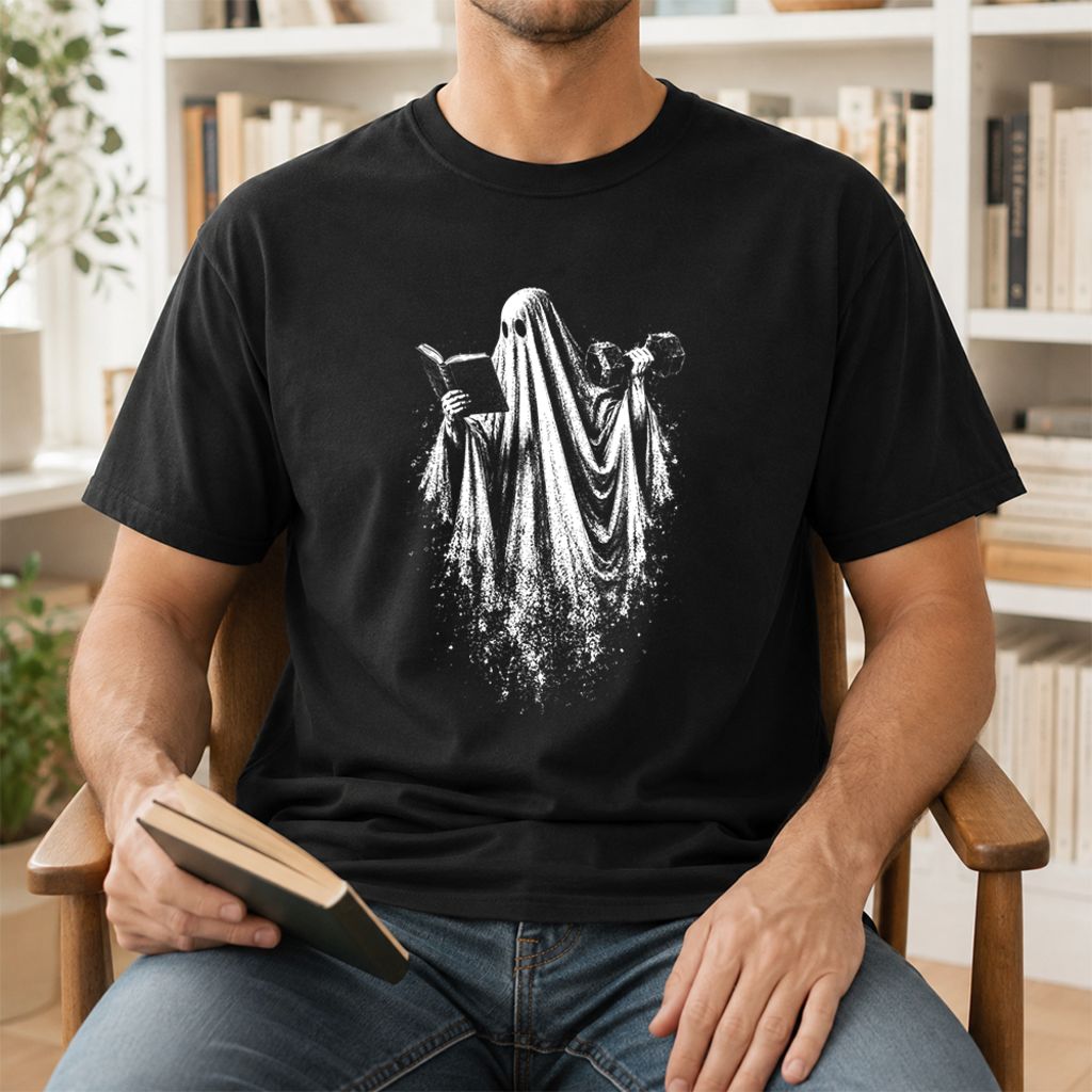 Reading Gym Ghost Printed T-Shirt | Halloween Book Lover Gift Black