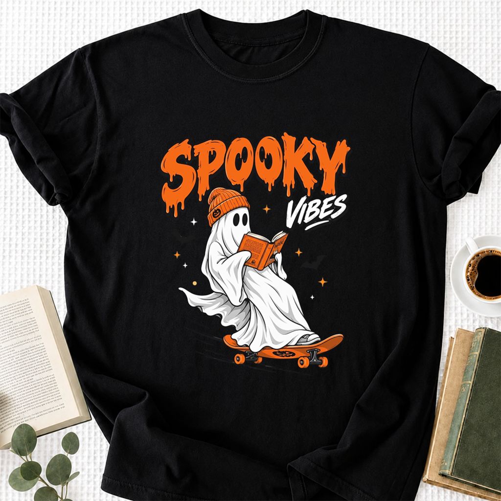 Spooky Vibes Printed T-Shirt | Halloween Book Lover Gift Black
