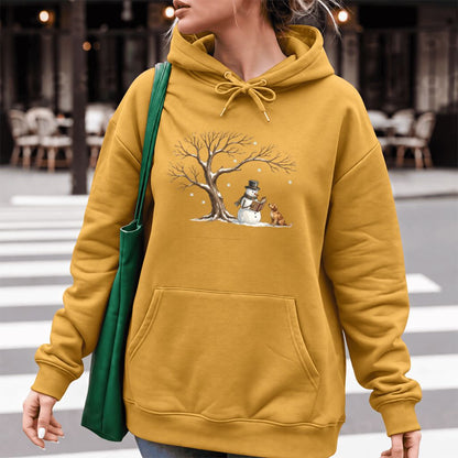 Golden Retriever And Snowman Under Tree Softstyle Hoodie | Christmas Reader Gift Mustard