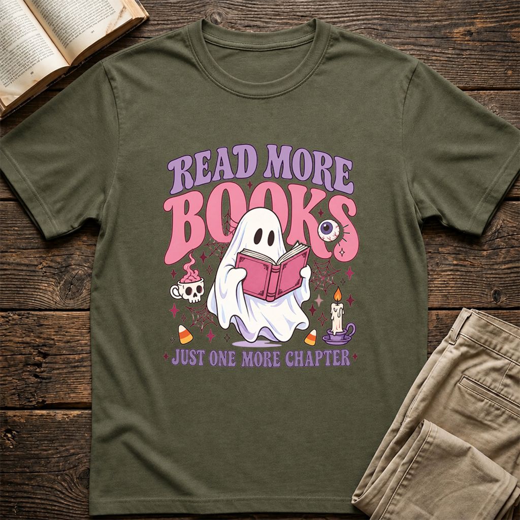 Read More Books Ghost Printed T-Shirt | Halloween Book Lover Gift Military Green