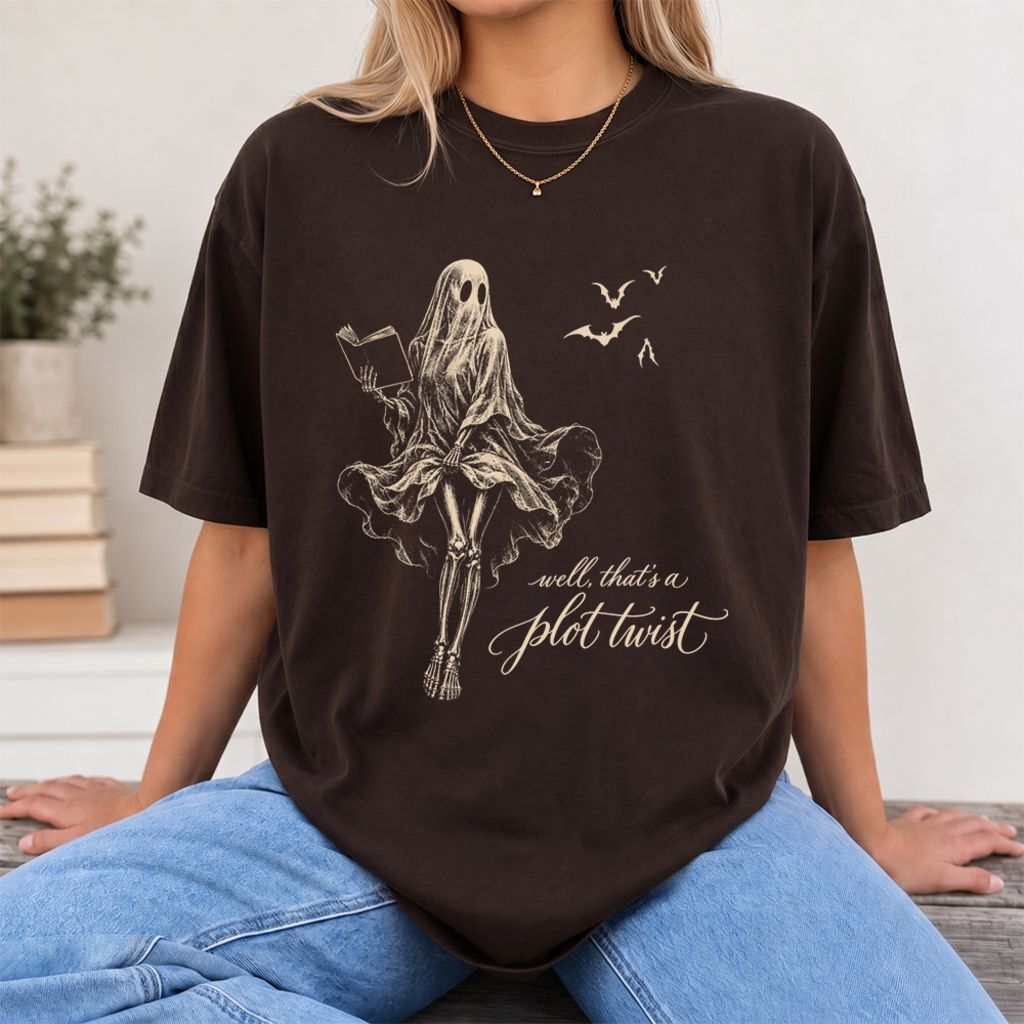 Funny Dress-Wearing Bookworm Ghost Printed T-Shirt | Halloween Book Lover Gift Dark Chocolate