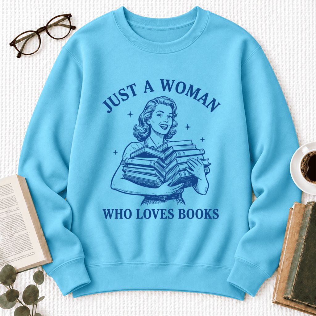 Just A Woman Who Loves Books Softstyle Sweatshirt | Reader Gift Sky