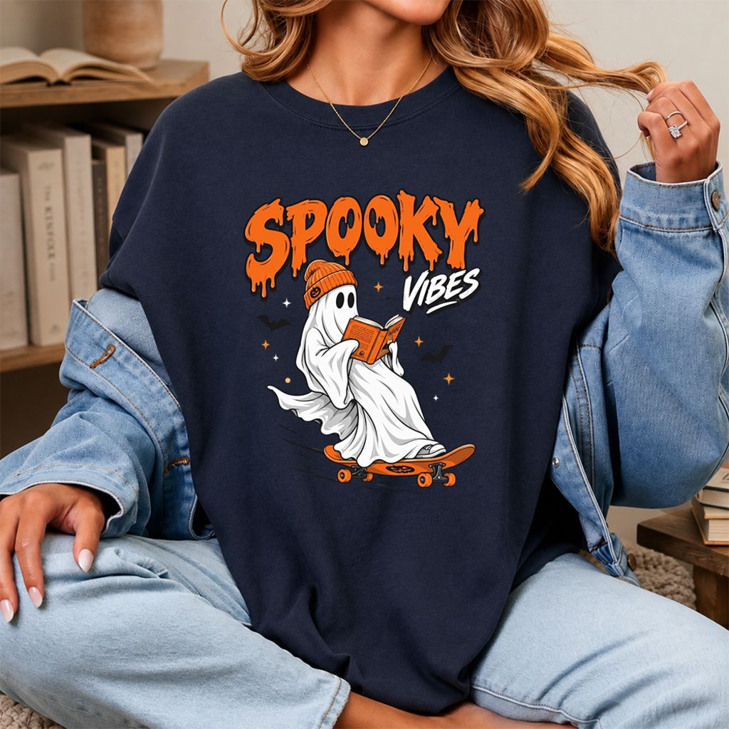 Spooky Vibes Printed T-Shirt | Halloween Book Lover Gift Navy
