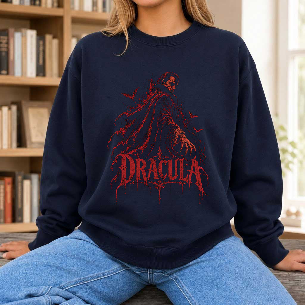 Dracula Vampire Gothic Crewneck Sweatshirt | Halloween Book Lover Gift Navy