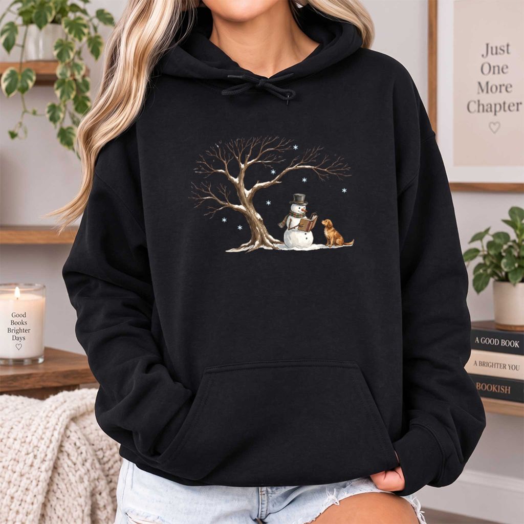 Golden Retriever And Snowman Under Tree Softstyle Hoodie | Christmas Reader Gift Black