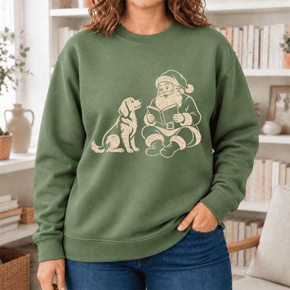 Funny Dog With Reading Santa Softstyle Sweatshirt | Christmas Book Lover Gift Military Green