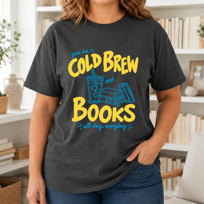 Give Me Cold Brew And Books Softstyle T-Shirt | Book Lover Gift Dark Heather