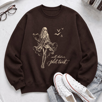 Funny Dress-Wearing Bookworm Ghost Printed Sweatshirt | Halloween Reader Gift Dark Chocolate