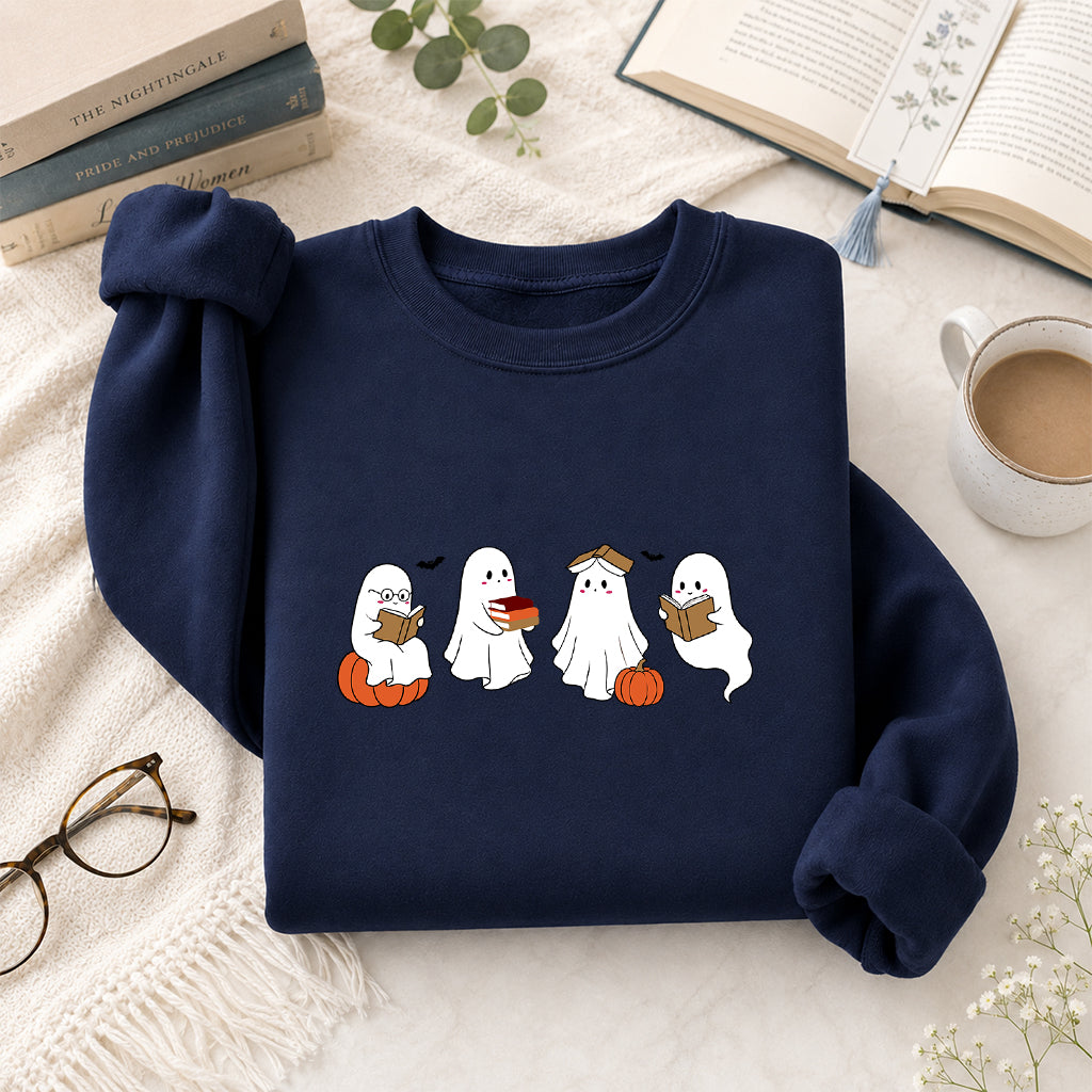 Halloween Ghosts Reading Printed Sweatshirt | Spooky Book Lover Gift Navy