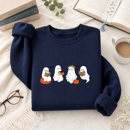 Halloween Ghosts Reading Printed Sweatshirt | Spooky Book Lover Gift Navy