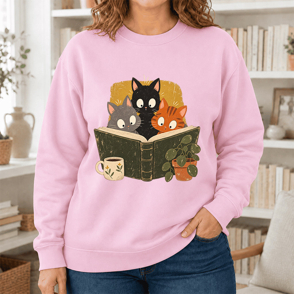 Minimal Japanese Cats Reading Crewneck Sweatshirt | Reader Gift Light Pink