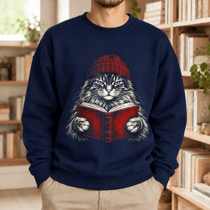Vintage Reading Cat Maine Coon Softstyle Sweatshirt | Christmas Book Lover Gift Navy