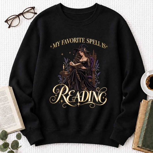 My Favorite Spell Is Reading Crewneck Sweatshirt | Witchy Halloween Book Lover Gift Black
