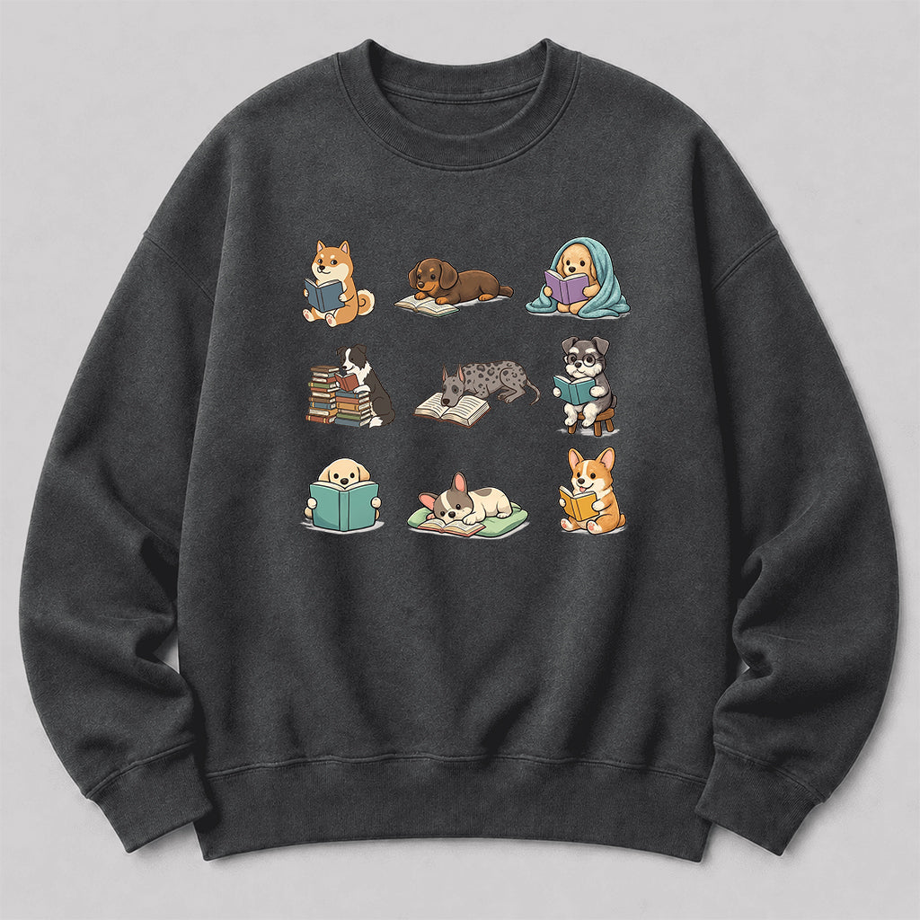 Funny Dogs Reading Crewneck Sweatshirt | Reader Gift Dark Heather