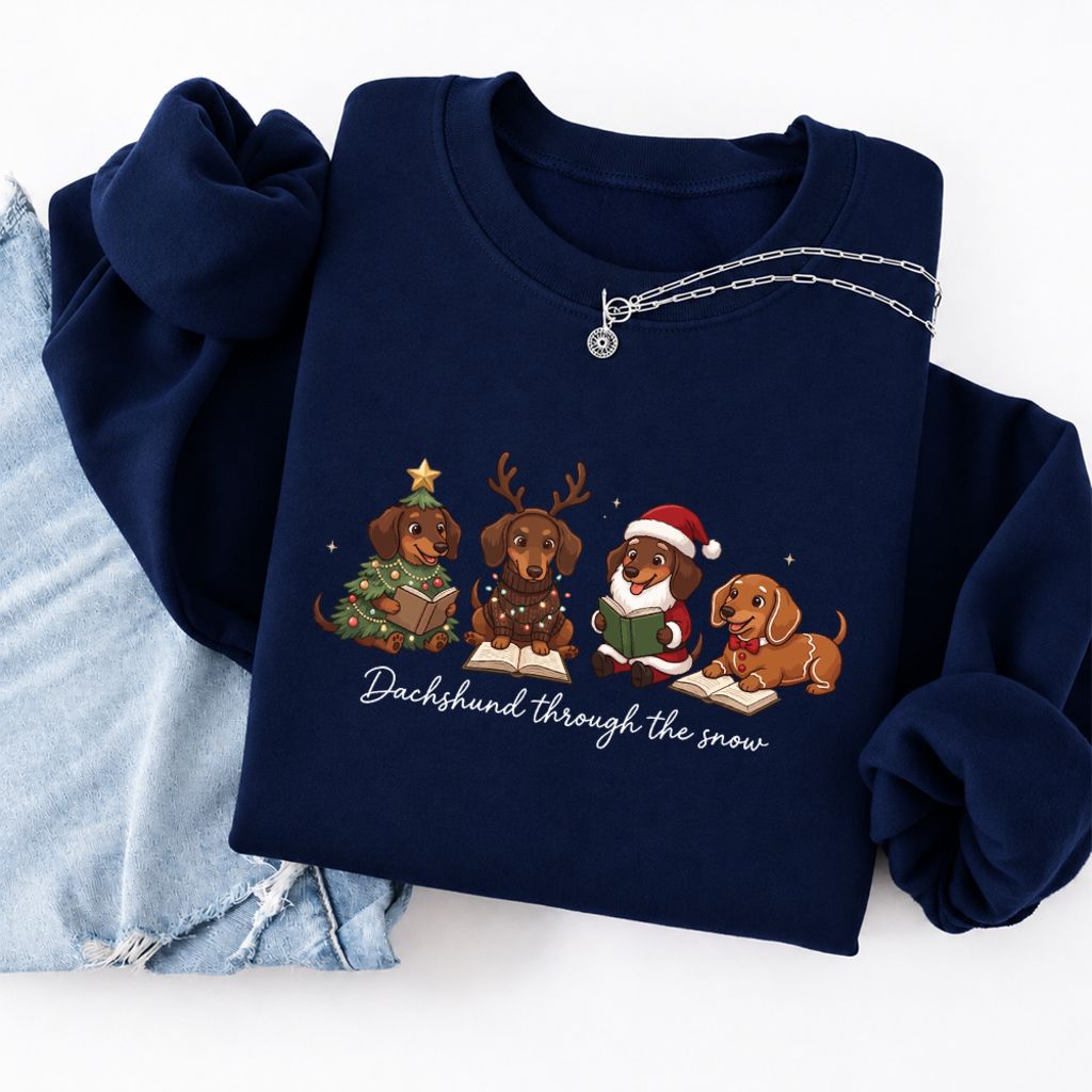 Dachshund Through The Snow Softstyle Sweatshirt | Christmas Book Lover Gift Navy