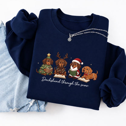 Dachshund Through The Snow Softstyle Sweatshirt | Christmas Book Lover Gift Navy