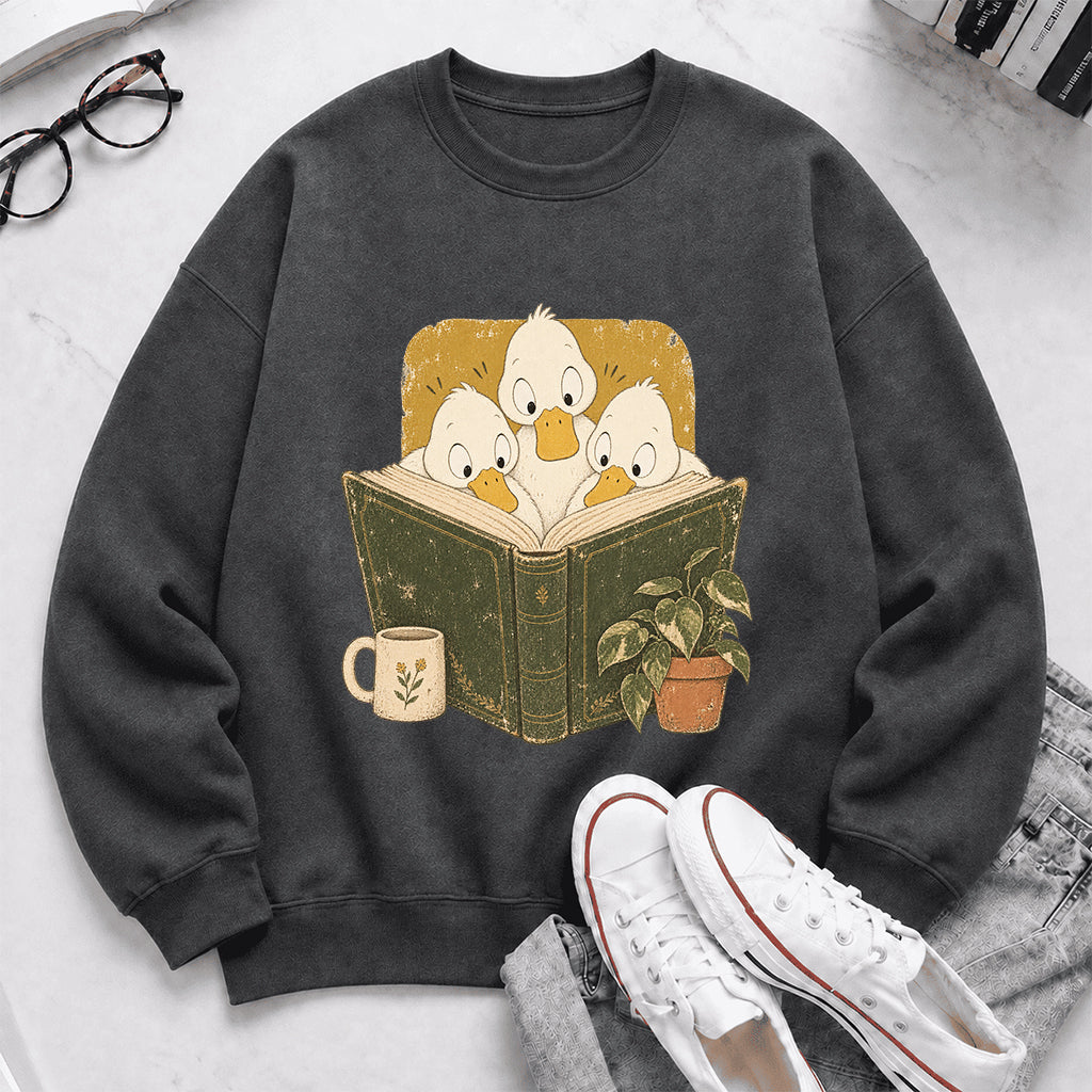 Minimal Japanese Ducks Reading Crewneck Sweatshirt | Reader Gift Dark Heather
