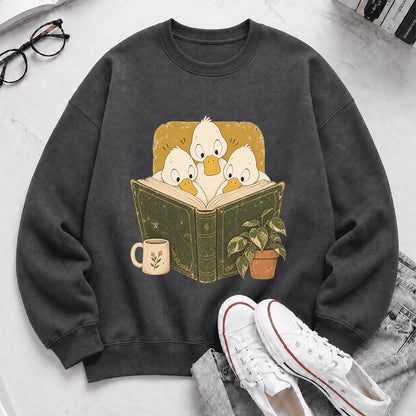 Minimal Japanese Ducks Reading Crewneck Sweatshirt | Reader Gift Dark Heather