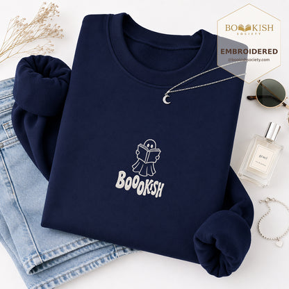 Bookish Ghost Embroidered Sweatshirt | Halloween Book Lover Gift Navy