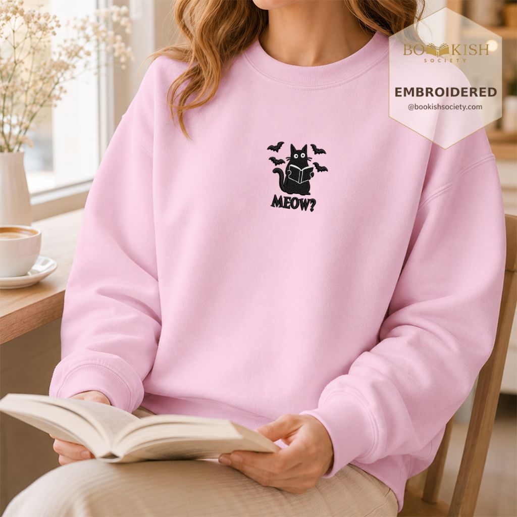 Halloween Meow Embroidered Sweatshirt | Spooky Book Lover Gift Light Pink
