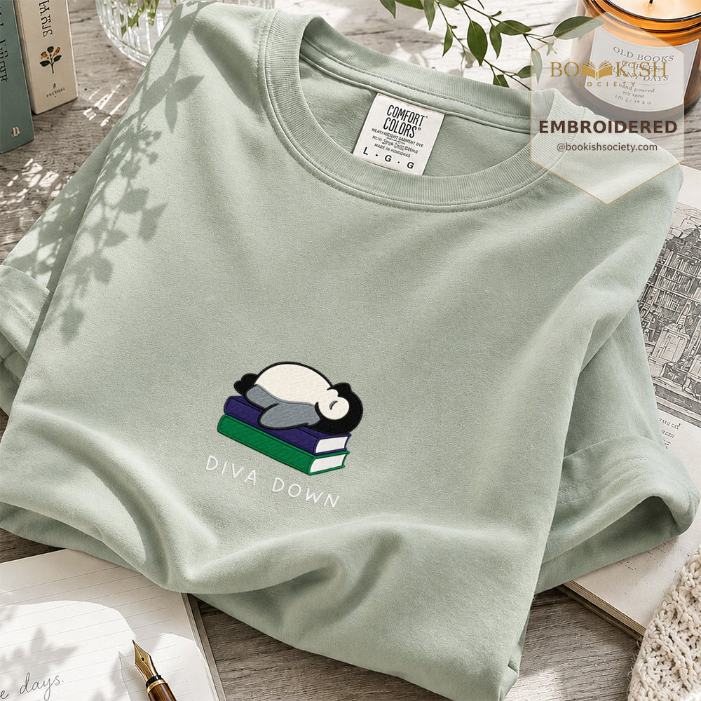 Embroidered Diva Down Penguin Comfort Color® T-shirt Book Lover Gift Bay