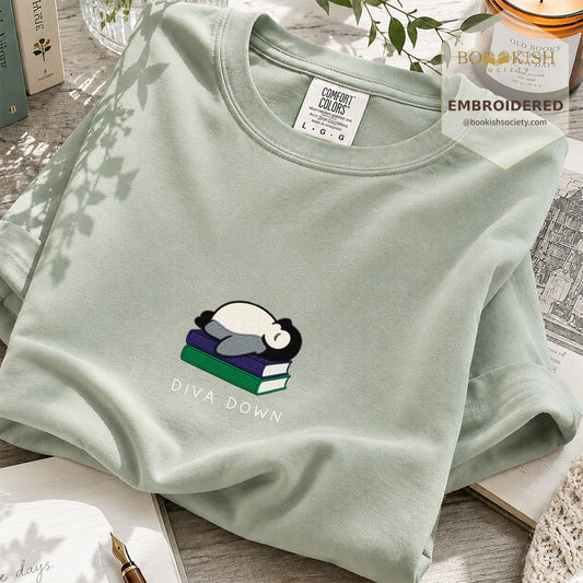 Embroidered Diva Down Penguin Comfort Color® T-shirt Book Lover Gift Bay