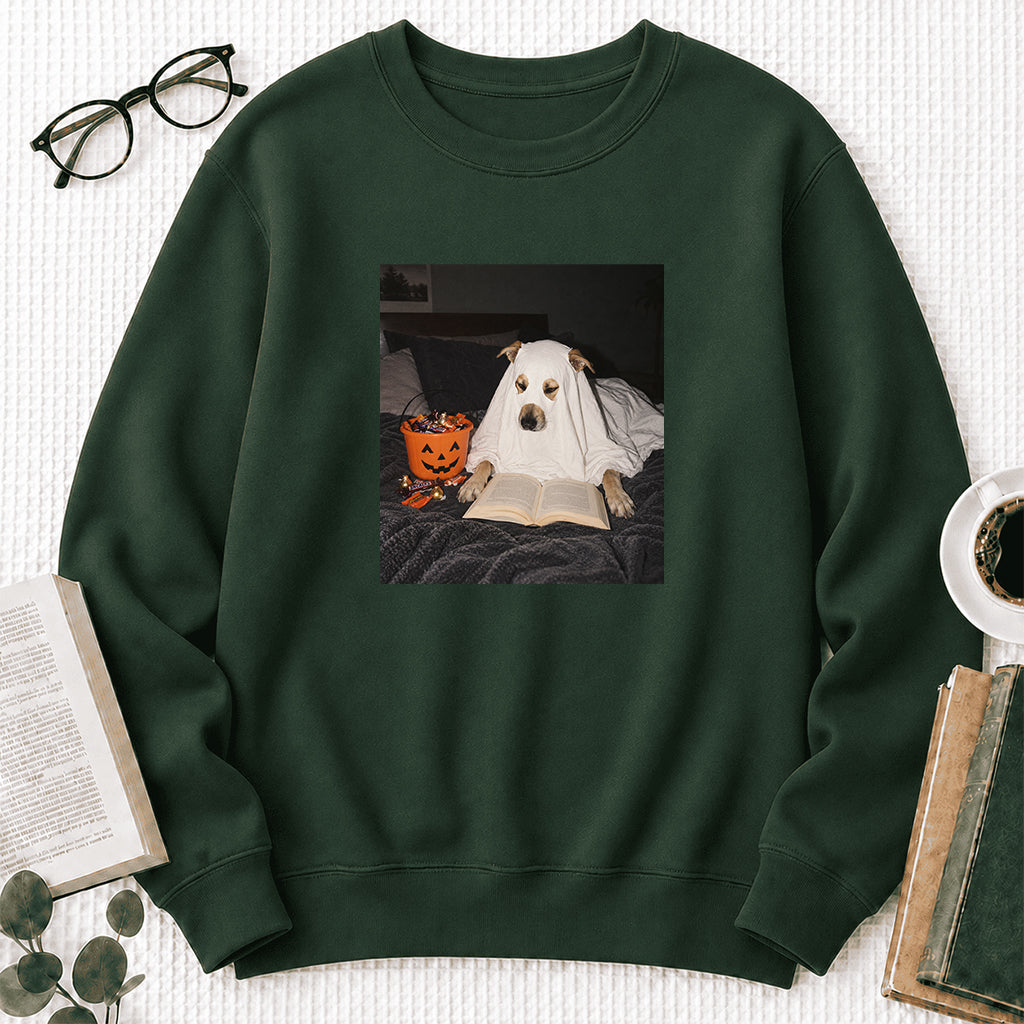 Cute Reading Ghost Dog Printed Sweatshirt | Halloween Book Lover Gift Forest Green