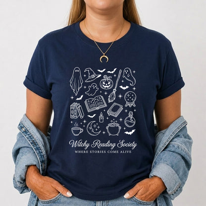 Witchy Reading Society Printed T-Shirt | Halloween Reader Gift Navy