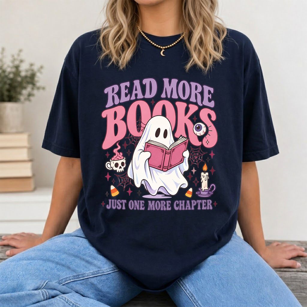 Read More Books Ghost Printed T-Shirt | Halloween Book Lover Gift Navy