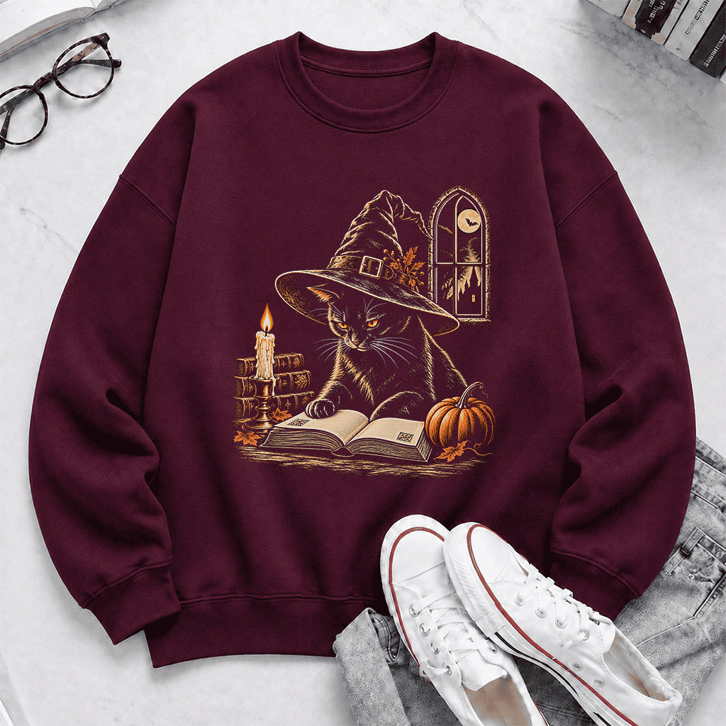 Reading Black Cat Witch Printed Sweatshirt | Halloween Book Lover Gift Maroon