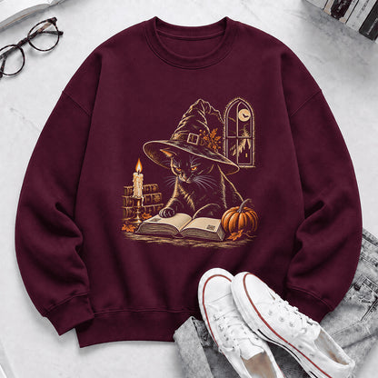 Reading Black Cat Witch Printed Sweatshirt | Halloween Book Lover Gift Maroon