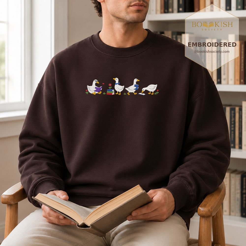 Four Reading Ducks Embroidered Sweatshirt | Reader Gift Dark Chocolate