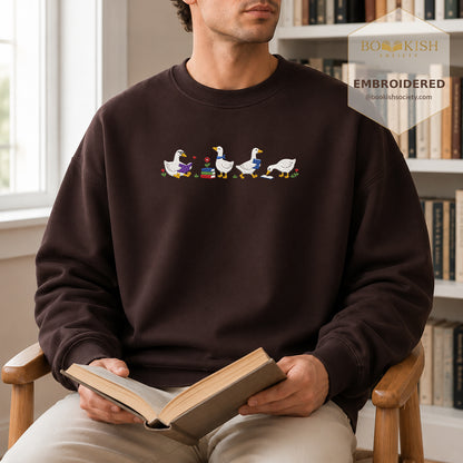 Four Reading Ducks Embroidered Sweatshirt | Reader Gift Dark Chocolate