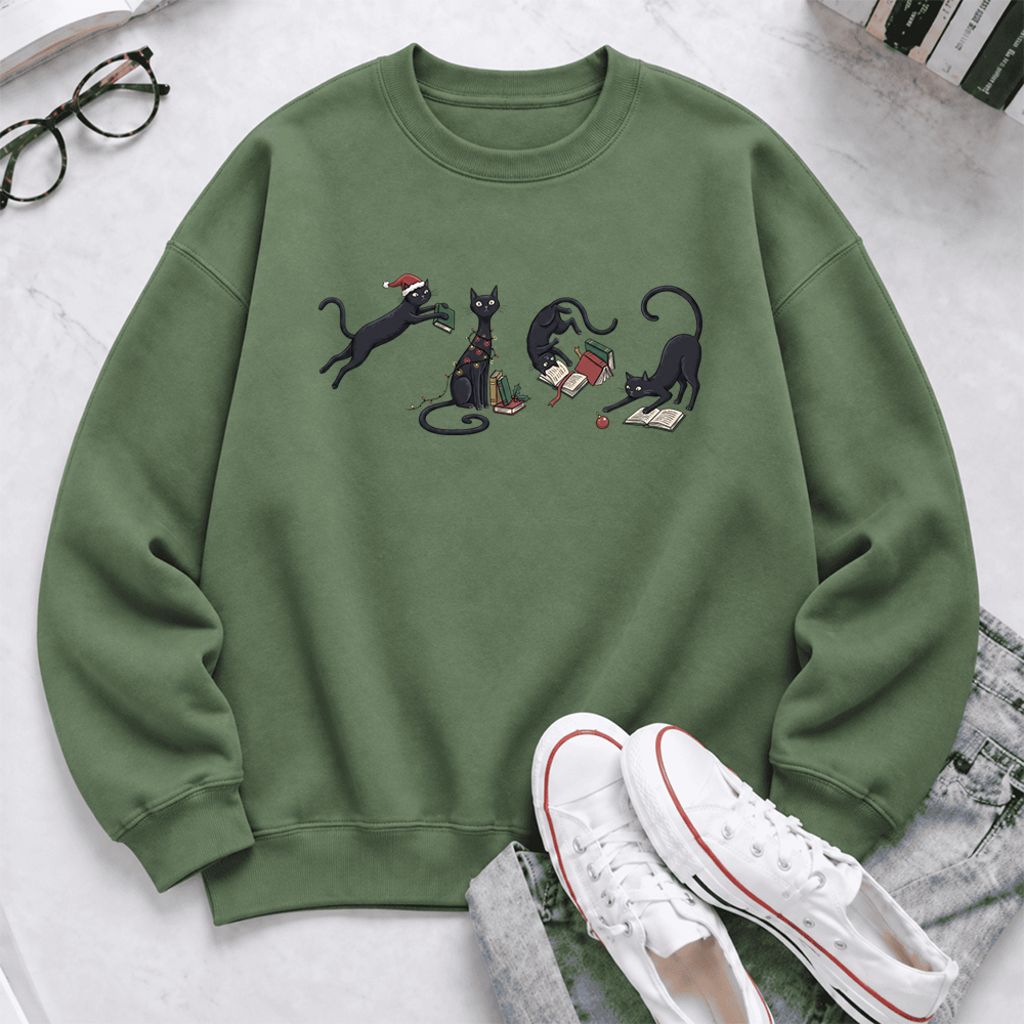 Christmas Reading Cats Softstyle Sweatshirt | Christmas Book Lover Gift Military Green