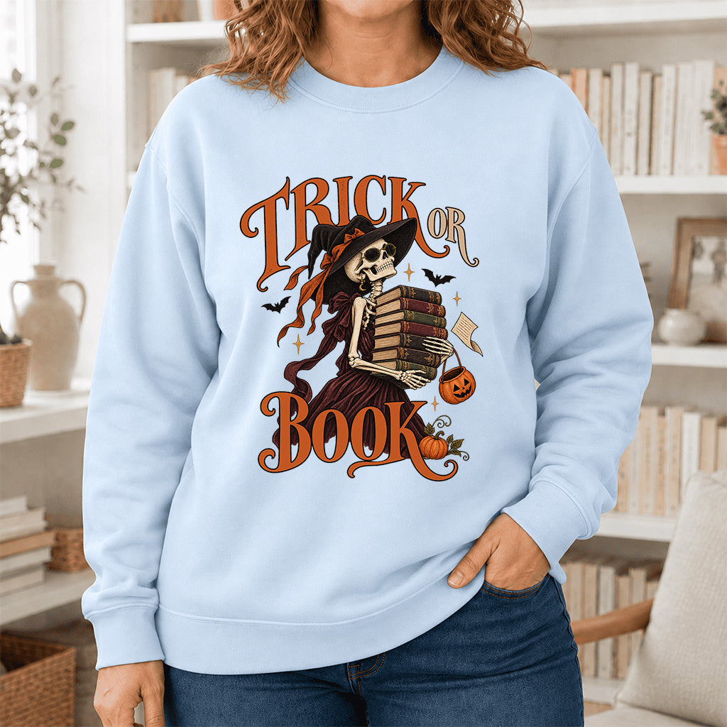 Trick Or Book Printed Sweatshirt | Halloween Book Lover Gift Light Blue