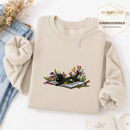 Cat and Book Embroidered Sweatshirt | Reader Gift Sand